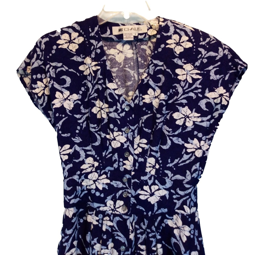 MS. CHAUS VINTAGE size XS Summer Dress Blue Hibiscus Hawaiian Print Tea Length